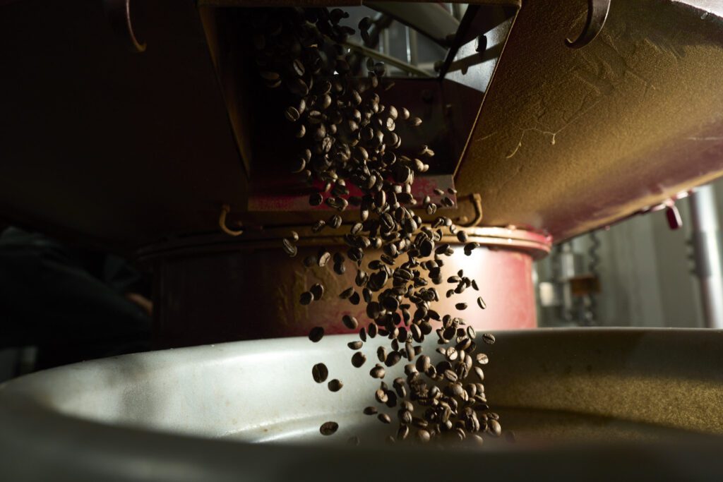 Freshly roasted coffee beans falling out of the coffee roaster and in to a transportation bucket