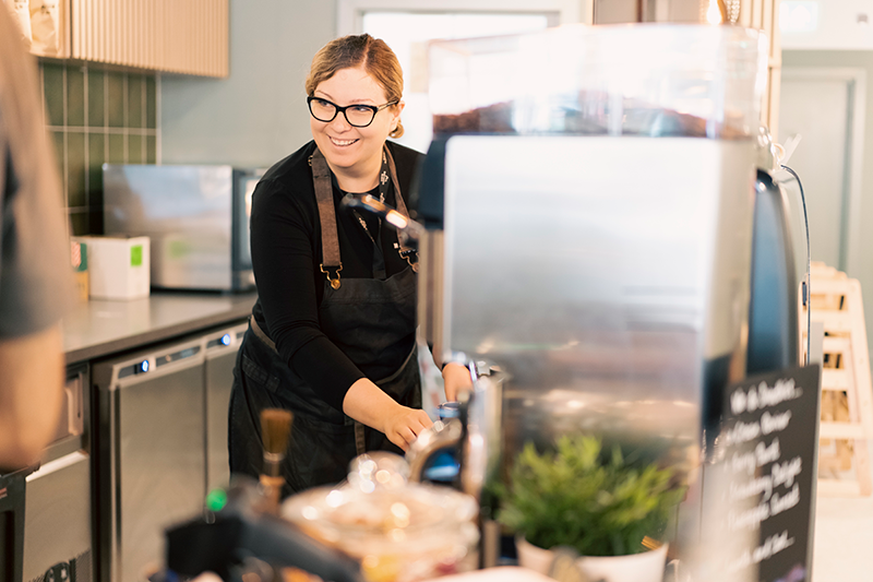 One of Matthew Algie's coffee masters, Ramona Buga, pictured giving training and support to customer, Esquires Coffee